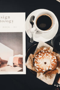 Magazine, coffee and muffin