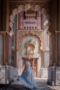 Inside of the Patrika Gate is a row of colourful arches that are ornate, with paintings of Indian culture, all in the most beautiful pastel colors.