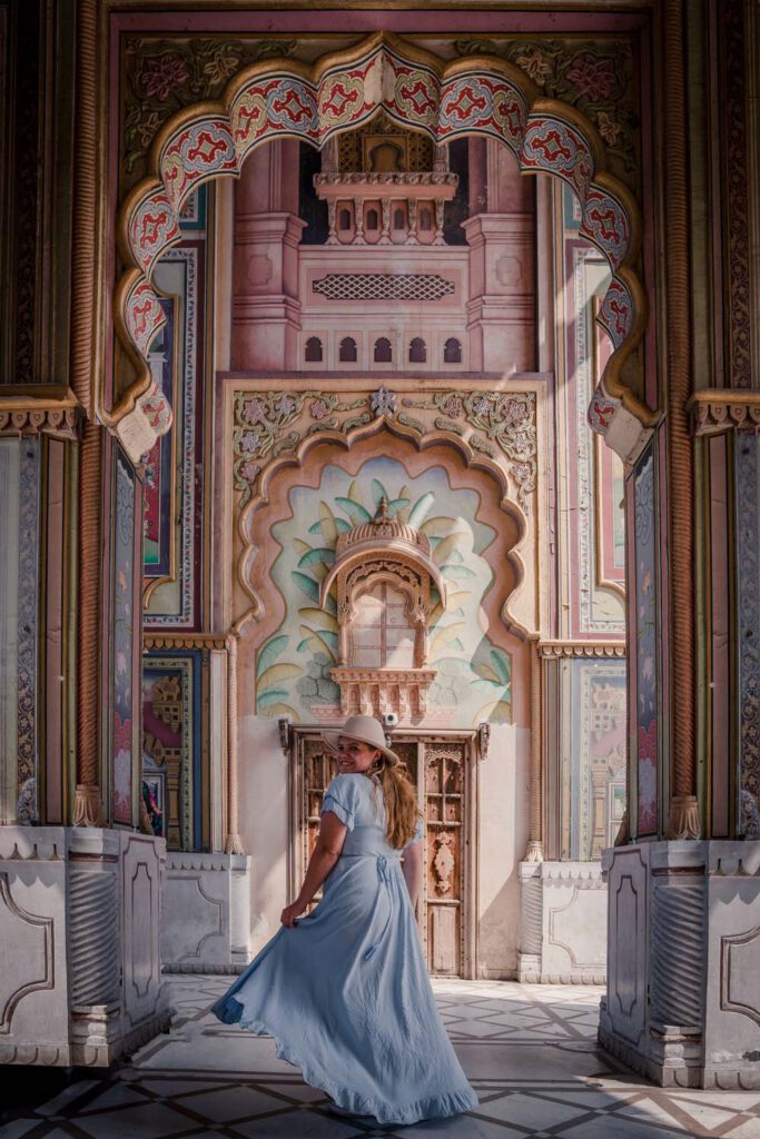 Inside of the Patrika Gate is a row of colourful arches that are ornate, with paintings of Indian culture, all in the most beautiful pastel colors.